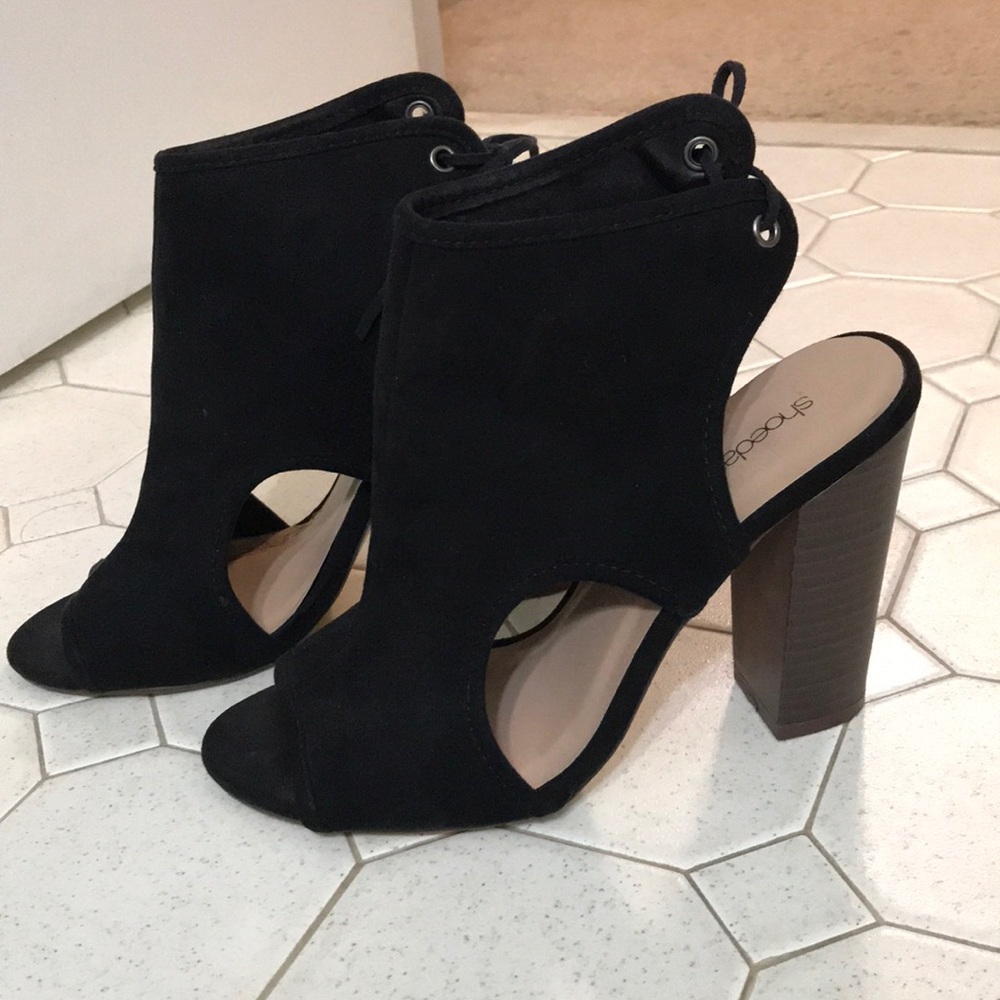 Black Suede Peep Toe Heels